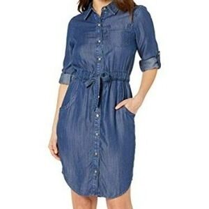 CALVIN KLEIN Women 6 Blue Viscose Denim Belted Roll Tab Shirt Midi Dress Pockets